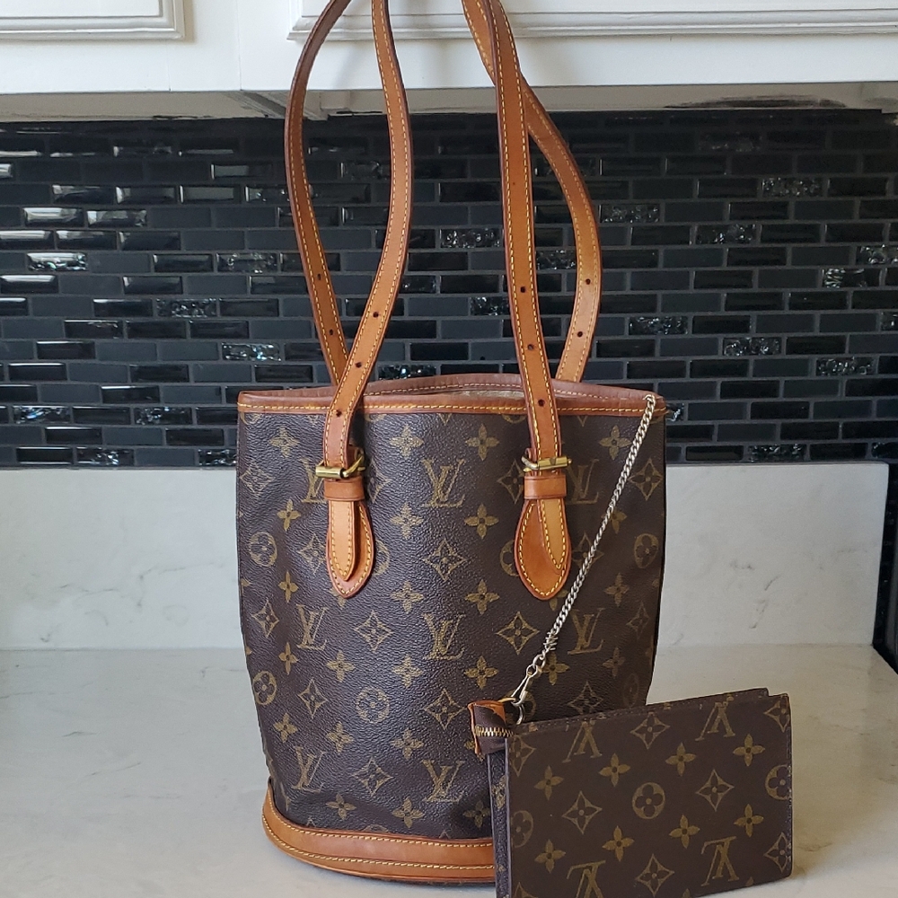 LOUIS VUITTON BUCKET PM Shoulder Tote Bag Monogram Leather Brown